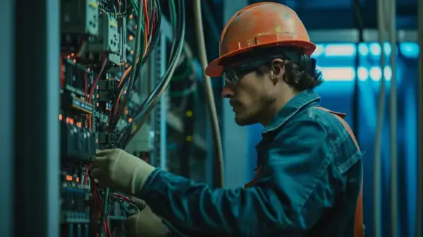 Electrician wearing a hard hat working on an electrical panel.