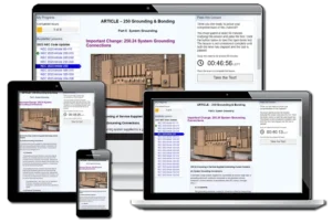 Online electrical continuing education course shown on multiple devices, including a laptop, tablet, and smartphone.